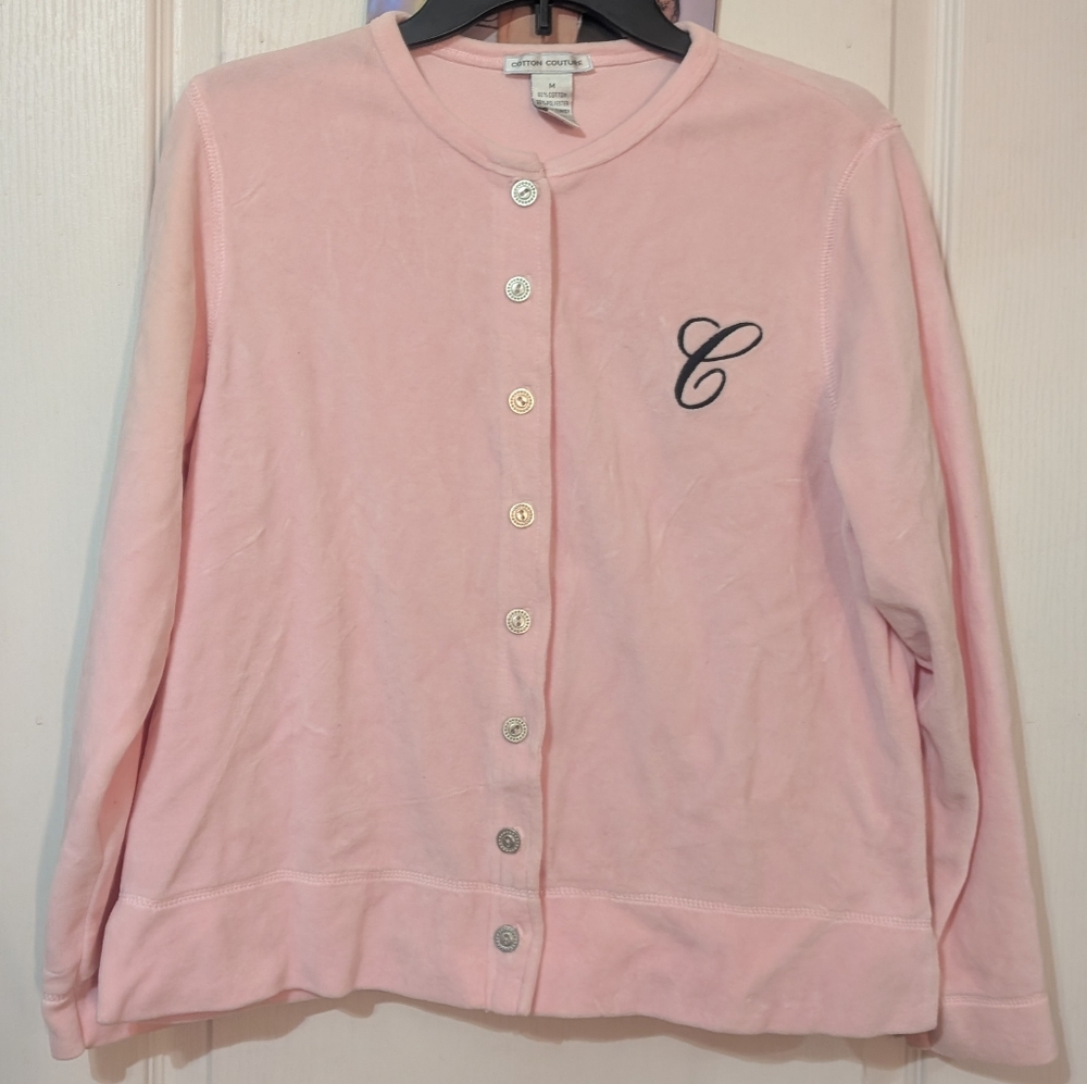 Cotton Couture Pink Button Up Cardigan Sweater Jacket W/ Embroidered C Y2K Retro
